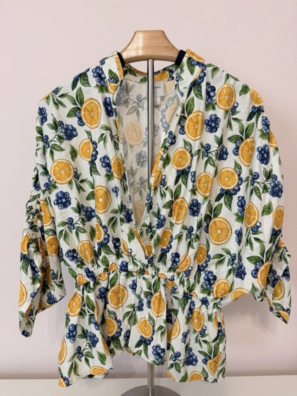 NWT Maeve Anthropologie Ruched Blouse in Lemon & Blueberry Fruit Print SMALL